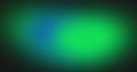 Abstract glowing color spots, spotlight grainy backdrop design. Green blue color, wave shaped noisy gradient on dark, vibrant color flow, bright, shine, poster, banner, header, cover