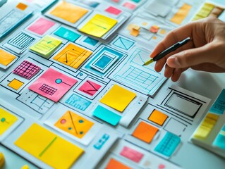 Poster - Hand drawing website layout on a white board with colorful sticky notes.