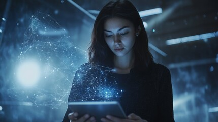 Wall Mural - A focused woman interacts with a tablet, surrounded by glowing digital elements in a dark, futuristic setting.