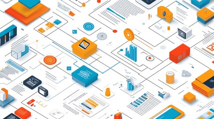 Poster - Isometric illustration of a complex network of interconnected data, information, and technology elements.