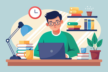 Poster - Man Working on Laptop at Desk in Home Office