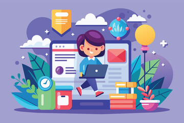 Poster - Happy Woman Working on Laptop Inside Large Computer Screen