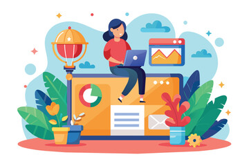 Poster - Woman Working on Laptop While Sitting on a Large Computer Screen Surrounded by Plants and a Globe
