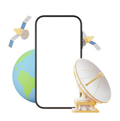 Poster - Smartphone mockup with blank screen, satellite, globe, and dish on white background. Concept of global communication. 3D Rendering
