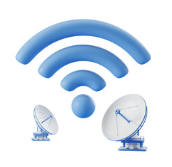 Poster - Blue Wi-Fi symbol and two satellite dishes on white background. Concept of connectivity and communication. 3D Rendering