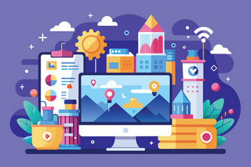 Poster - Modern Desktop Computer With Creative Cityscape and Cloud Icons