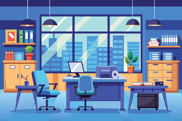 Poster - Modern Office Workspace With City View and Desk Setup