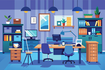 Poster - Modern Office Interior Design With Desk, Chairs, and Bookcases