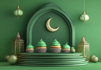 Poster - 3D rendering of a Ramadan Islamic background design with mini cupcakes, lanterns, and a crescent moon on a podium stand for product presentation in a green color.