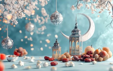 Poster - 3D rendering of a Ramadan Kareem background with a crescent moon, dates, fruit, and lanterns on a light blue color background for banner design. 