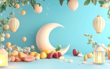 Poster - 3D rendering of a Ramadan Kareem background with a crescent moon, dates, fruit, and lanterns on a light blue color background for banner design. 