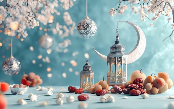 3D rendering of a Ramadan Kareem background with a crescent moon, dates, fruit, and lanterns on a light blue color background for banner design. 