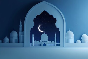 Poster - A radiant blue background illuminating a white, elegant paper cutout mosque window with an Islamic arch and crescent moon in the night sky for Eid Mubarak