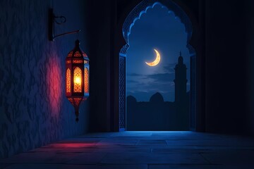 Poster - Eid Mubarak and Ramadan Kareem greetings with an Islamic lantern, a mosque window view, and a moon for the Eid festival background. 