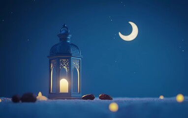 Poster - Eid Mubarak and Ramadan Kareem greetings with an Islamic lantern, dates, and a crescent moon on a blue background.