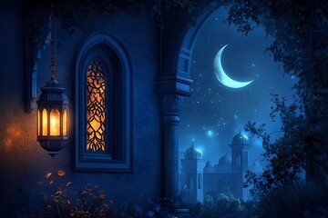 Poster - Eid Mubarak and Ramadan Kareem greetings with an Islamic lantern, a mosque window view, and a moon for the Eid festival background. 