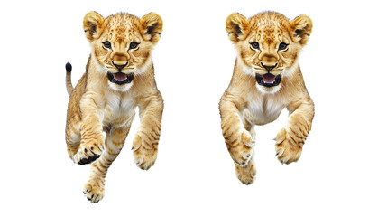Poster - African Lion Cubs Energetically Jumping on a White Background Generative AI