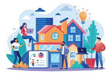 Poster - Group of People Collaborating on a Project Near a Cityscape of Houses