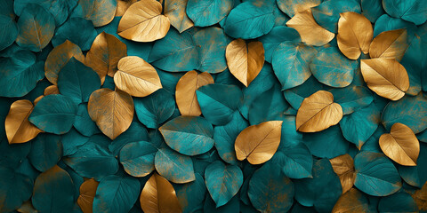 Poster - Golden and teal leaves creating a luxurious textured background
