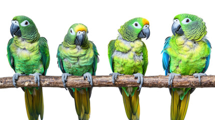 Poster - Four Amazon Parrots Perched on Branches Against a Transparent Backdrop Generative AI