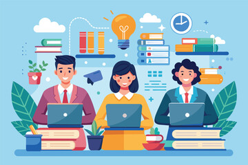Poster - Three Smiling People Working On Laptops In An Office Setting