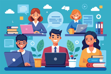 Poster - Diverse Team Working Together On Laptops At Desks In An Office