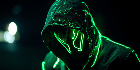 Poster - Hacker wearing hoodie with glowing neon green lines in the dark