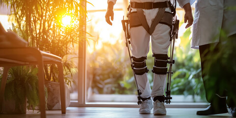 Poster - Patient walking using exoskeleton robotic suit with doctor assisting