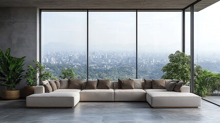 Aufkleber - Modern living room with a large sectional sofa and panoramic city view.