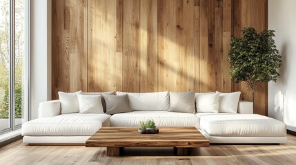 Aufkleber - Modern living room with a white sectional sofa, wooden coffee table, and a large window.
