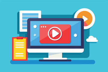Poster - Modern Desktop Computer Showing Video Playback With Play Button