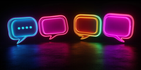 Aufkleber - Neon speech bubbles glowing on dark background representing online communication