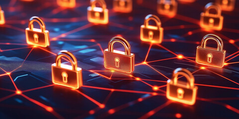 Fototapete - Glowing padlocks interconnected on a network, symbolizing data protection and cybersecurity
