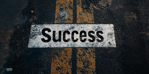 Poster - Success word written on asphalt road leading to successful career