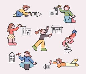 Fototapete - People who draw the house they want to live in. Cuttiny character with outine.