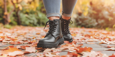 Poster - Woman walking in black boots on autumn leaves in a park