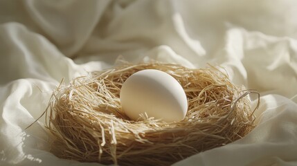 Serene white egg resting in a natural straw nest