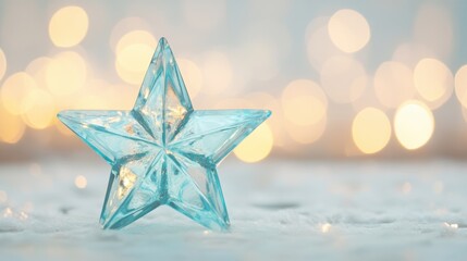 Poster - The blue glass star sparkles delicately in the foreground, illuminated by a gentle light and blurred bokeh effects, evoking serenity
