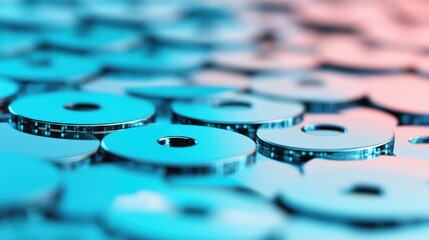 Poster - Shiny blue metallic discs overlap in an intricate pattern, reflecting light and creating a captivating visual effect in a blurred setting