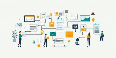 Aufkleber - People using a complex network of interconnected icons and devices.