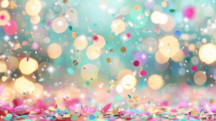 Poster - A vibrant display of confetti floats through the air, surrounded by a soft, glowing bokeh light background, creating a joyful ambiance