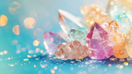 Poster - Vibrant crystal shards are scattered across a bright blue background, reflecting light and creating a beautiful, colorful arrangement
