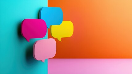 Poster - Four colorful speech bubbles stand out against a bright, multicolored background, evoking a lively sense of interaction and dialogue