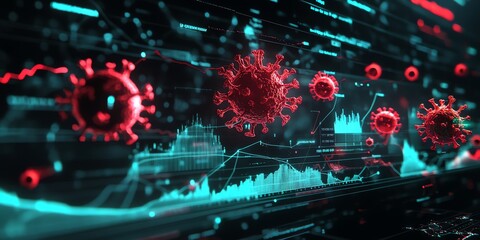 Poster - Red virus cells on a digital screen with blue and green data visualizations and charts.