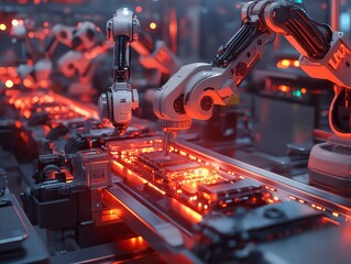Poster - Robotic arms working on an assembly line in a factory, with red lights and a conveyor belt.