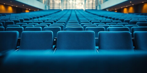 Poster - Rows of blue seats in a large auditorium.