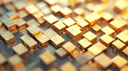 Poster - A collection of golden cubes is arranged intricately, reflecting light and creating a beautiful, abstract design with depth and texture