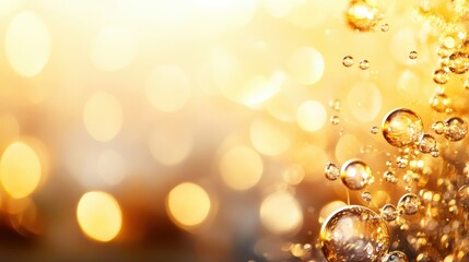Poster - Bubbles float gracefully upward, illuminated by soft, warm light, creating a mesmerizing, abstract golden effect that enchants the viewer