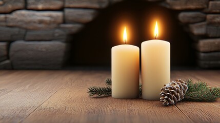 Two lit candles on a rustic wooden surface, surrounded by pine and a pinecone, creating a warm and cozy ambiance near a stone backdrop.