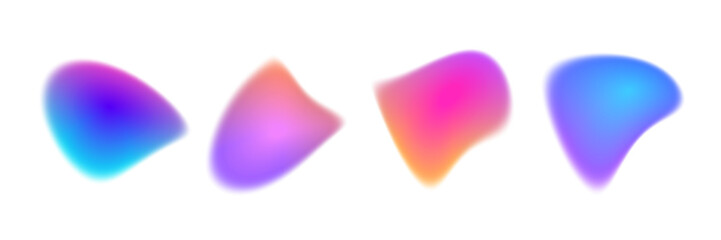 Poster - Bright colorful gradient blob set. Liquid blur gradation background collection. Iridescent blurry irregular shape pack for poster, banner, leaflet, brochure. Vector neon fading uneven aura bundle